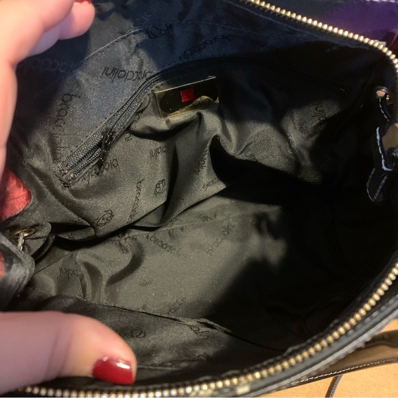 BRACCIALINI BLACK LEATHER SHOULDER BAG W/MULTI COLOR FABRIC SIDES - Picture 11 of 13
